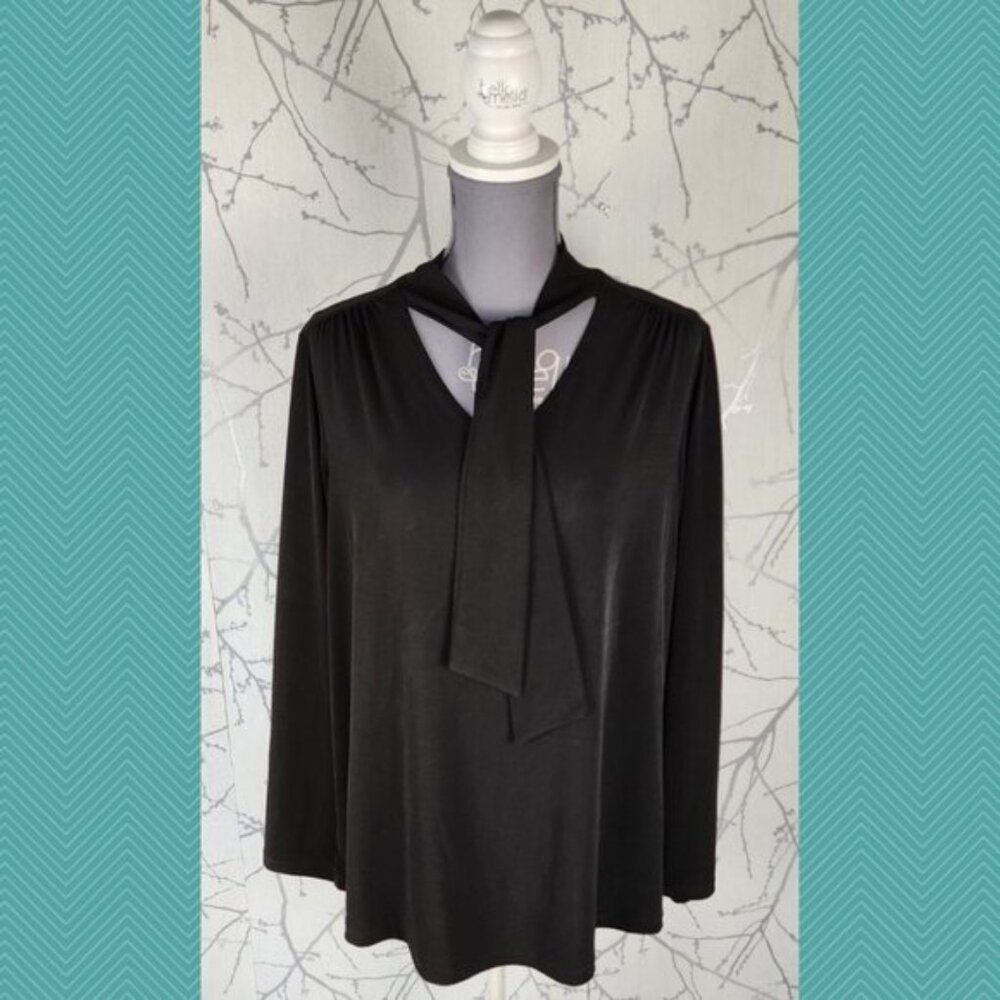 Kim & Co Black Stretch Knit Tie Neck Blouse Career Boss